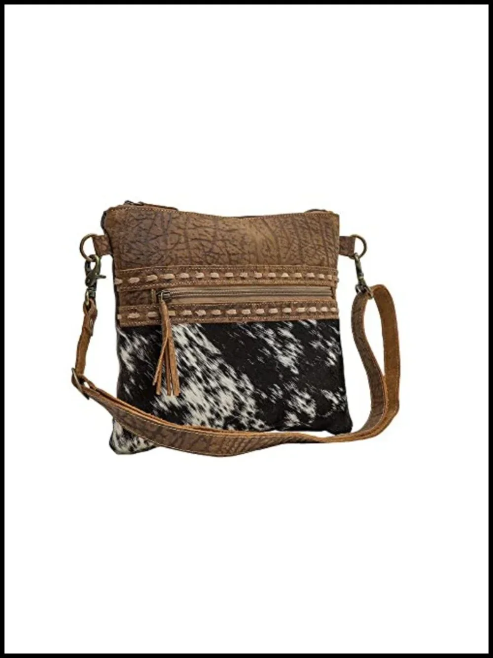 Cow Print Canvas Shoulder Bag with Leather Strap